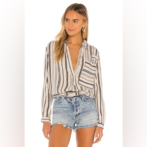 We The Free Summer Breeze Striped Linen Blend Shirt Size Small - Picture 1 of 7
